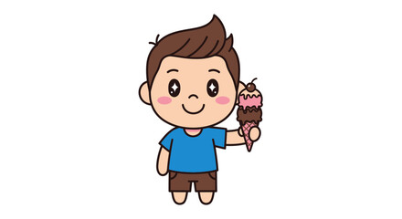 Cute Cartoon Boy Smiling and Holding a Delicious Ice Cream Cone.