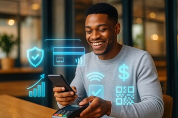 Revolutionizing transactions a young man engages in digital payments with a smartphone and card reader in a futuristic city showcasing modern financial technology and user experience