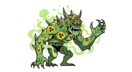 Fearsome Green Mutant Monster with Biohazard Symbols and Spikes.