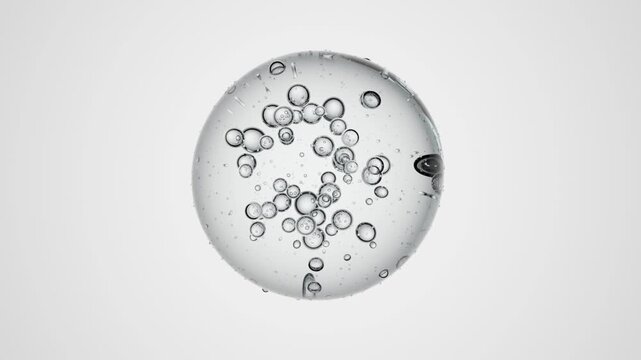 Transparent 3D liquid droplet with large suspended inner drops on clean white background, abstract seamless animation perfect for skincare, cosmetic oils, serums, acid-based products