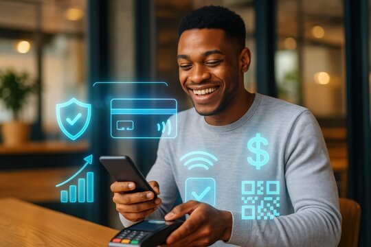 Revolutionizing transactions a young man engages in digital payments with a smartphone and card reader in a futuristic city showcasing modern financial technology and user experience