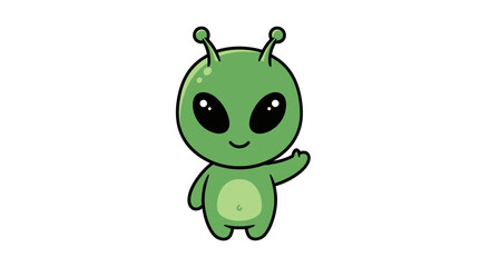 Cute Cartoon Green Alien with Antennae Waving Hello.