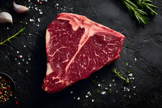 Raw T-bone Steak: marbled cut of beef displayed on dark background with seasonings