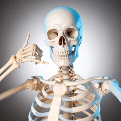 Glowing skeleton with devil smile making call me back gesture. Phone Call Gesture.