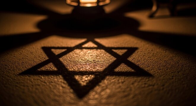 A close-up of a Star of David shadow cast on a textured surface, illuminated by warm light. The scene conveys a sense of peace and spirituality.