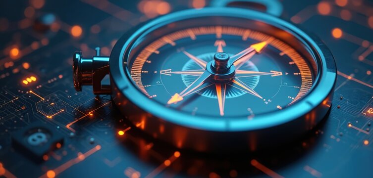 Modern compass rests on circuit board with glowing orange lines. Symbolizes tech navigation and data analysis. Guides through digital future.