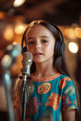 a little girl with headphones sings into a microphone - generative ai
