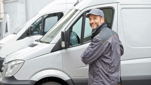 A man in a grey jacket is standing in front of a white van. He is smiling and he is happy