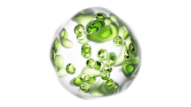Transparent 3D sphere with suspended green liquid droplets on clean white surface, surreal seamless animation for futuristic minimal backgrounds, elegant conceptual visuals
