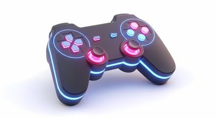 Video game controller with neon blue and pink lighting in a studio shot on a white background for gaming and technology.