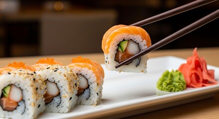 Chopsticks Picking Up California Roll (Uramaki) with Sesame Seeds and Salmon