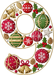 Joyful Christmas alphabet design with number nine letter made of festive ornaments and holiday decorations for cheerful celebration