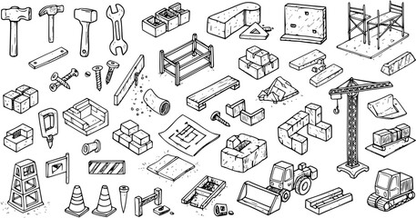 Isometric hand-drawn doodle collection of various construction tools, building materials, and heavy machinery, perfect for engineering and architectural projects.