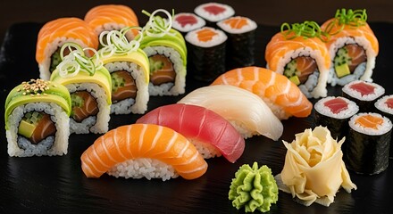 Assortment of Fresh Sushi Rolls and Nigiri on a Black Slate Plate, Japanese Cuisine 