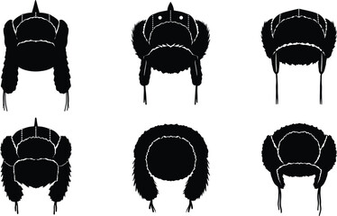 Winter ushanka hat silhouettes, fur earflap headwear icons, cold weather fashion accessories, traditional Russian style hats, vector illustration design set