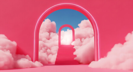 Vibrant pink archways and an ascending staircase emerge from fluffy clouds under a serene blue sky, symbolizing a whimsical path to dreams, success, and new opportunities