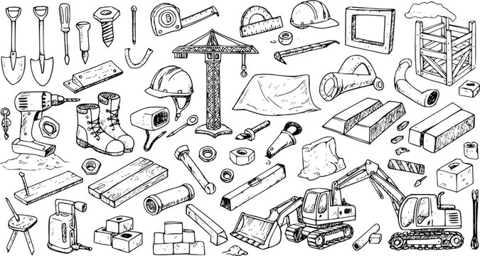 Hand-drawn doodle set of construction and building tools, equipment, and materials including shovels, drills, helmets, wood, bricks, crane, and excavators.