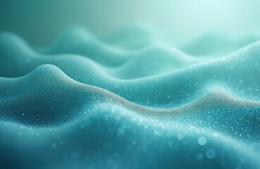 Obraz premium Abstract flowing waves of shimmering turquoise liquid with small light sparkles. Soft blurred bokeh lights create dreamy, ethereal underwater cosmic atmosphere. Gentle gradients blend light, dark