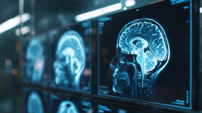 Brain Scans: Digital images showing detailed views of the human brain, possibly for diagnosis or research. Modern medical technology at its finest.