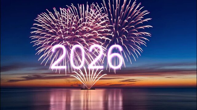 Fireworks light up the sky with 2026 over the ocean at sunset, celebrating the new year or a special event with vibrant colors and festive cheer ai generated vedio