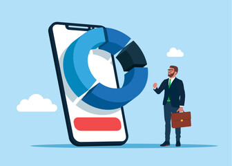 The businessman is engaged in sell, buy and exchange money cash  with finance business. Stock trading analysis, wealth management with smartphone. Vector flat illustration 