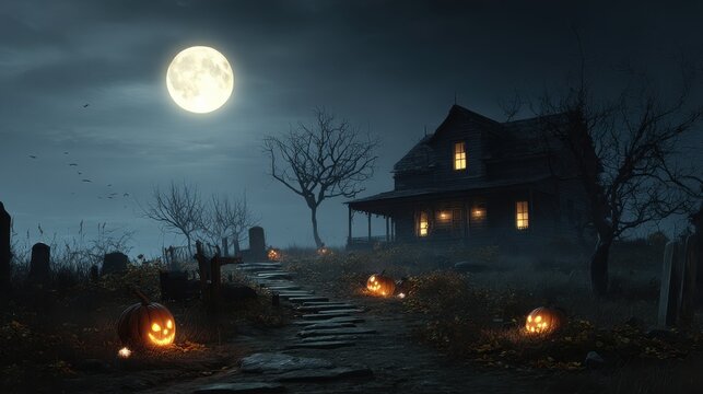 eerie halloween night spooky haunted house carved pumpkins and graveyard path under a full moon dark mysterious and festive 3d render