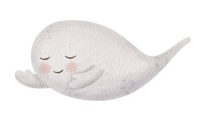 Cute flying ghost with happy smile. Hand drawn Watercolor Children's spooky character isolated on a background. Halloween phantom, October holiday mood. For kids party invitations, decorations