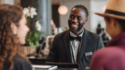 friendly young african american concierge working at a reception counter giving room information to two guests checking into a hotel no logos no brands ar 169