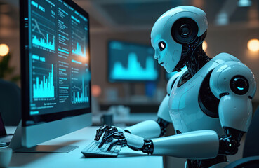 Advanced robot works on computer analyzing data graphs. Futuristic artificial intelligence interfaces show charts and statistics. Digital analytics processed by android in modern office setting.