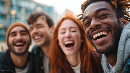 young diverse people having fun outdoor laughing together  focus on gay male face no logos no brands ar 169
