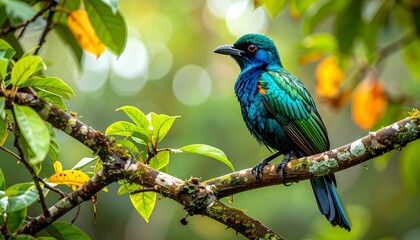 Obraz premium Iridescent bird perches on a branch, surrounded by green and yellow foliage, sunlit