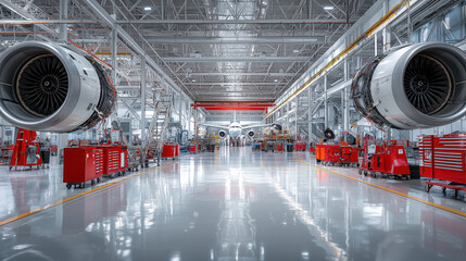 Inside an aircraft hangar, the metallic floor shines like a mirror, reflecting precision, power, and the promise of flight.
