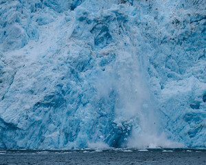 Aialik Glacier face calving ice bergs into the bay with seabirds flying in front of the mountainous spray of the splash provides perspective on its size
