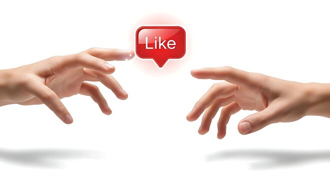 Hands reaching for a social media like button - Powered by Adobe