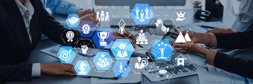 Fototapeta Leadership icons symbolize teamwork, vision, and decision-making. Leadership guides business, leadership inEntices growth, and leadership supports management success. Entice