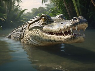 Obraz premium Realistic crocodile head emerging from water in tropical swamp environment with open jaws showing teeth and detailed scales texture
