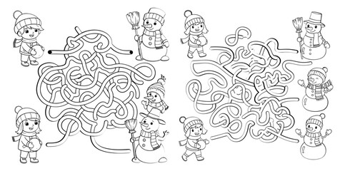 Vector art of help the kids find the snowmen in this fun winter maze activity