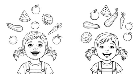 Vector art of two happy girls with fruits and vegetables floating above their heads, , healthy eating