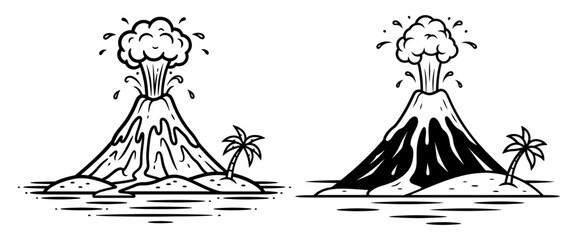 Vector art of two volcano eruptions on tropical islands, one with lava flow