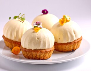 Delicate pastry tarts with creamy topping and edible flowers