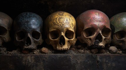 painted skulls displayed within an ossuary also known as a charnel house or beinhaus showcase intricate artwork on the skulls creating a unique and thought provoking atmosphere