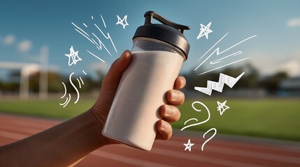 Post-Workout Energy: Hand Holding Protein Shake Bottle on Running Track with Hand-Drawn Power Doodles