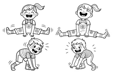 Naklejka premium Vector art of happy kids doing gymnastic exercises coloring page for children activity