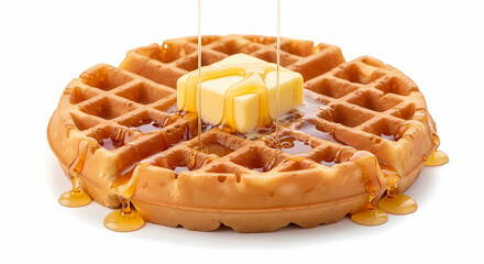 Belgian waffle with butter and syrup in warm golden lighting on white background for breakfast advertising.