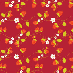 Seamless pattern with strawberry on color background. Natural delicious fresh ripe tasty fruit. Vector illustration for print, fabric, textile, banner, other design. Food concept