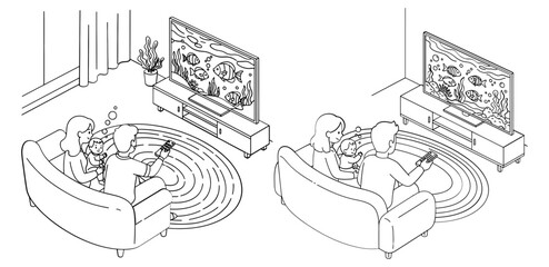 Obraz premium Vector art of couple watching tv on sofa in living room home interior design
