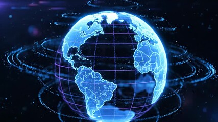 Digital earth holographic model with grid and abstract particles. Global network data connection. Futuristic world technology network footage. - Powered by Adobe