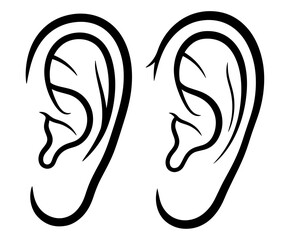 Vector art of two human ears, a symbol of hearing, listening, and communication in black and white