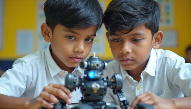 Two young Indian boys in white shirts focus intently on building a robot together in a bright classroom setting. They are engaged in a science project, collaborating on a technological innovation.