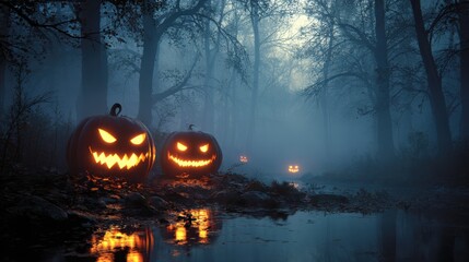 spooky halloween pumpkins glowing in a misty forest at dusk